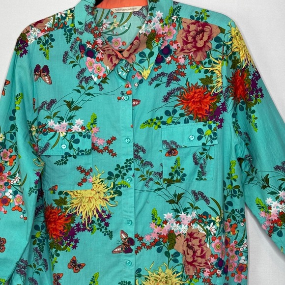 Soft Surroundings Turquoise Floral Butterfly Linen Blend Shirt Dress Size L - Picture 4 of 10